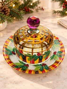 MacKenzie-Childs Circus Glass Cake Dome w Plate 1990s Holly Rare